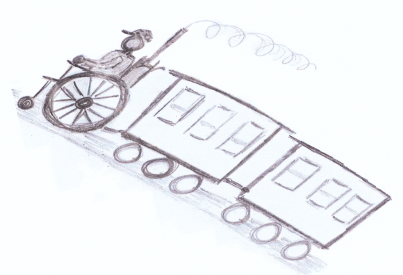 Das Logo der Zeitschrift: einen aus zwei Wagen bestehenden Personenzug, der von einem Rolli gezogen wird und von rechts unten nach links oben fährt.